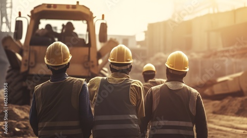 Back view of construction workers wearing protective caps and working heavy machinery on a construction site. Generative AI