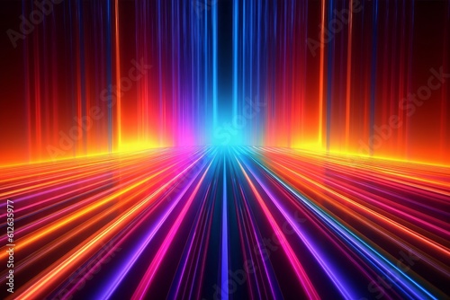 3d render, abstract multicolor spectrum background, bright orange blue neon rays and colorful glowing lines. Generative AI