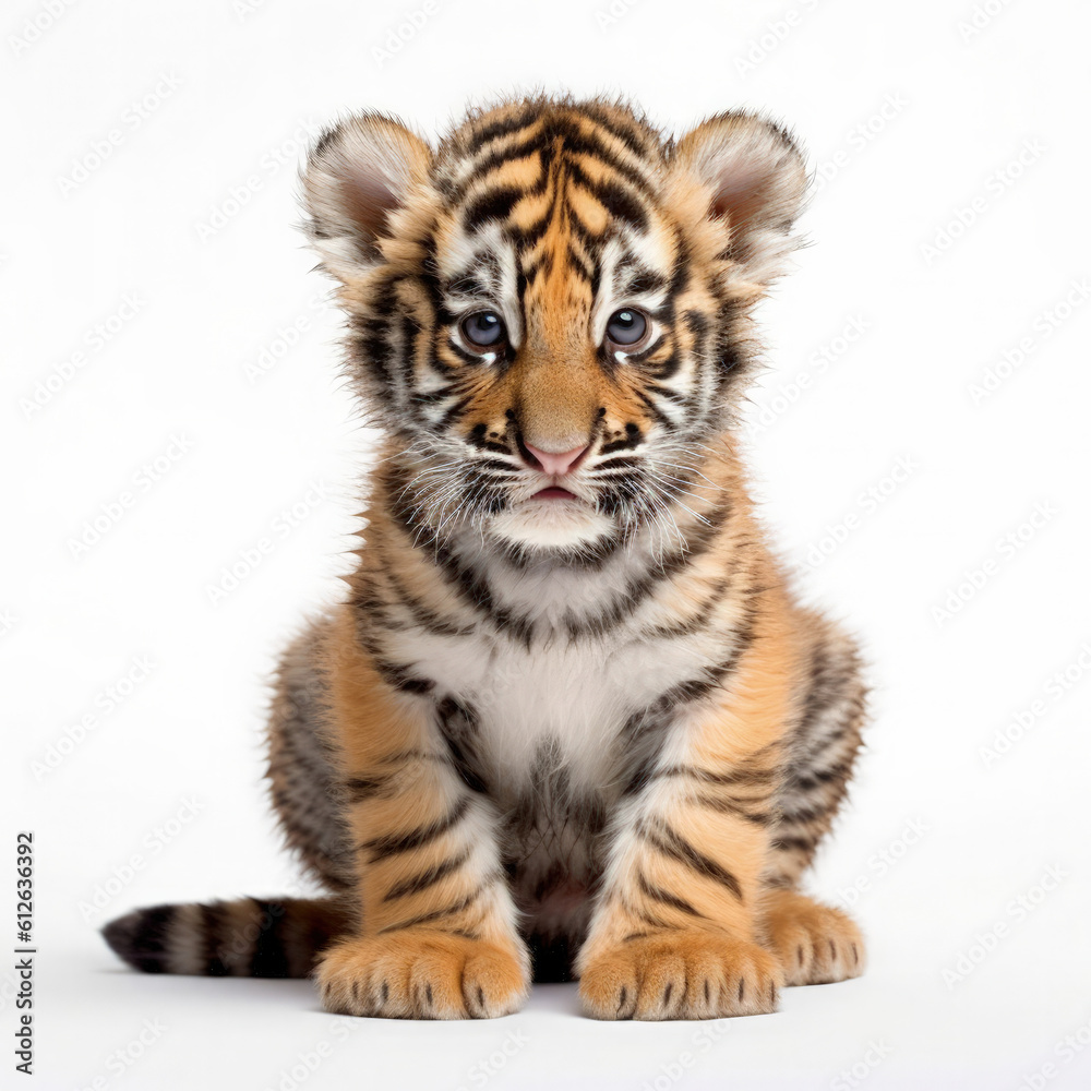 Baby Tiger (Panthera tigris) sitting, looking camera, innocent eyes