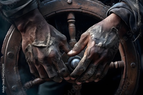 Close-up of a Somali pirate's hands gripping a weathered ship's wheel. Generative AI