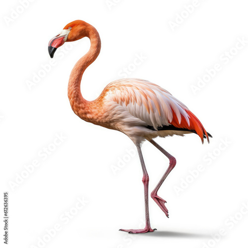 Flamingo (Phoenicopterus roseus) standing on one leg, looking to the side