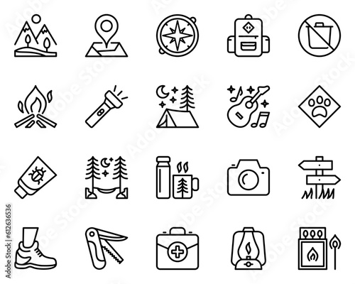 Fotobehang camping line icons set