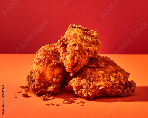 In the manner of mouthwatering food photography, fried chicken on a basic red background. Generative AI