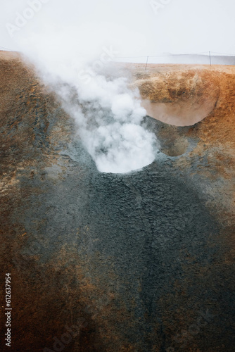 Smoking Fumaroles With Emitting Volcanic Vapor. Natural landscape. photo