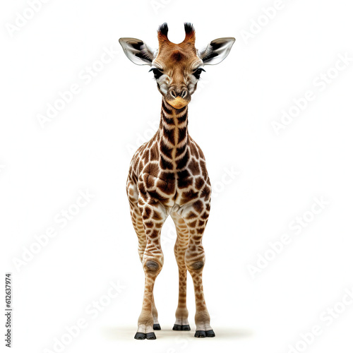 Baby Giraffe  Giraffa camelopardalis  bending neck down  looking camera