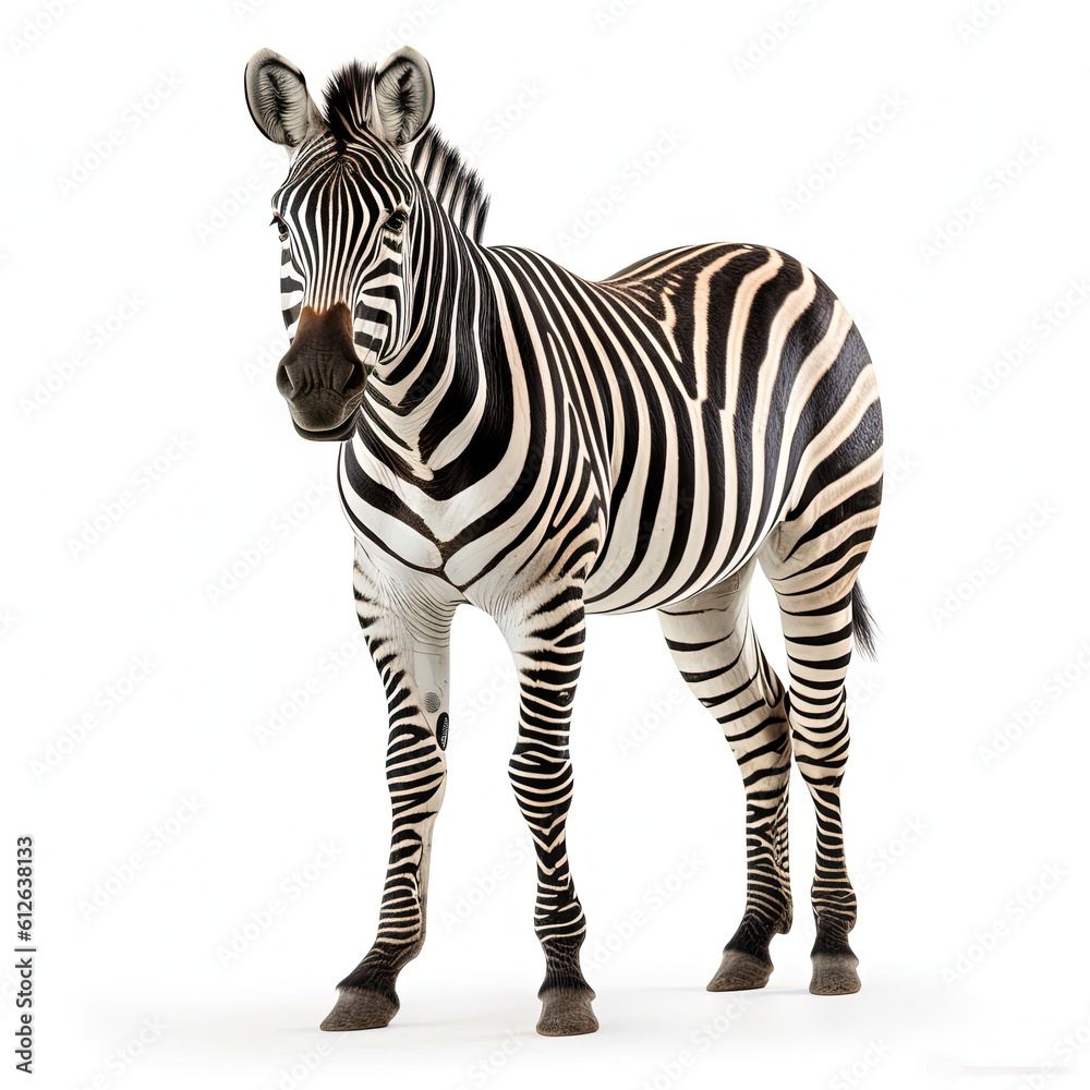 Zebra (Equus quagga) standing, looking camera, distinctive stripes Zebra (Equus quagga) standing, looking camera, distinctive stripes