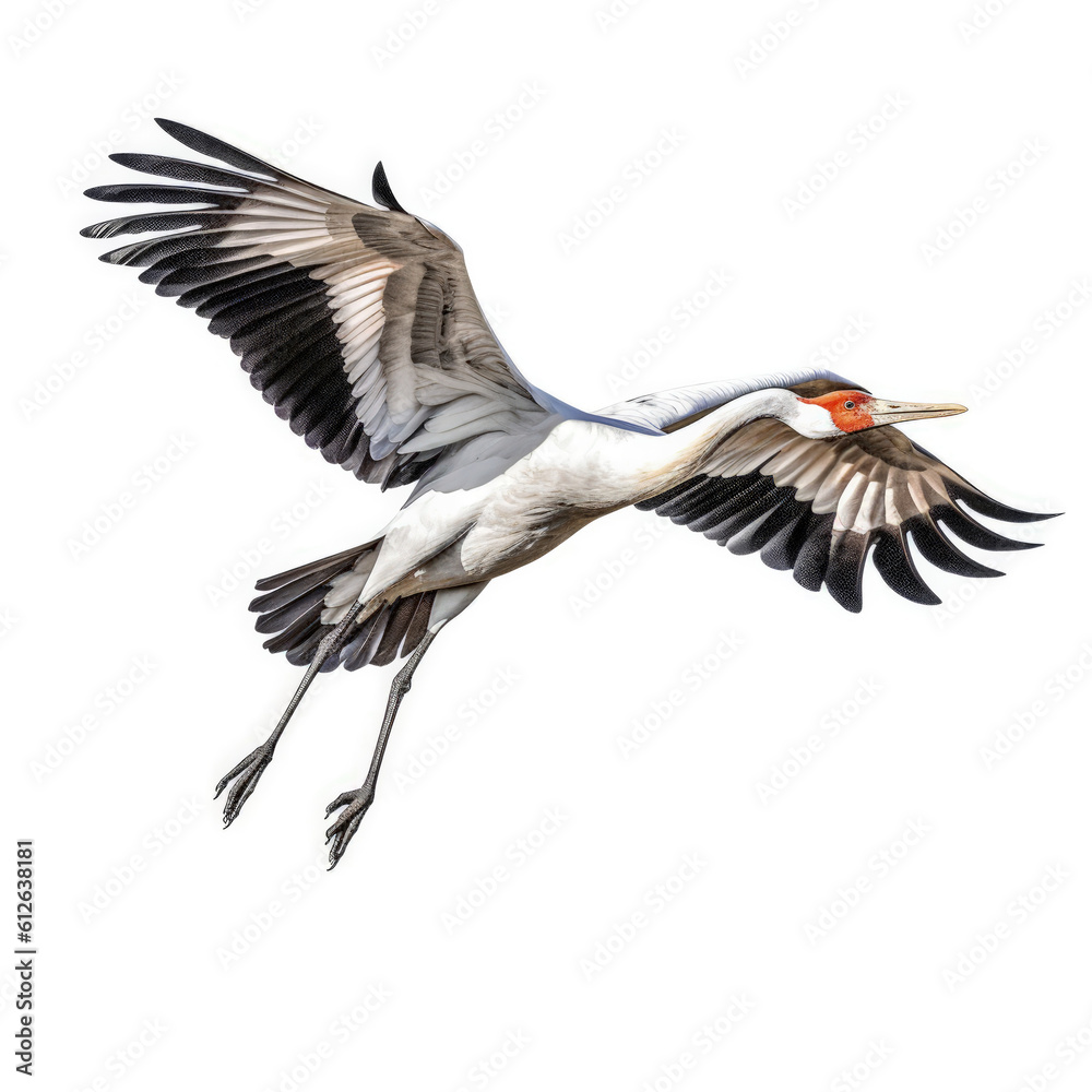 Fototapeta premium Crane (Grus grus) in mid-flight, wings spread wide