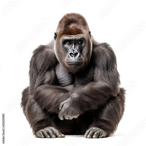 Gorilla (Gorilla gorilla) sitting, looking camera, intense gaze