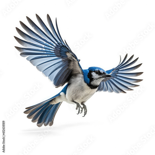 Blue Jay (Cyanocitta cristata) in mid-flight, wings spread wide
