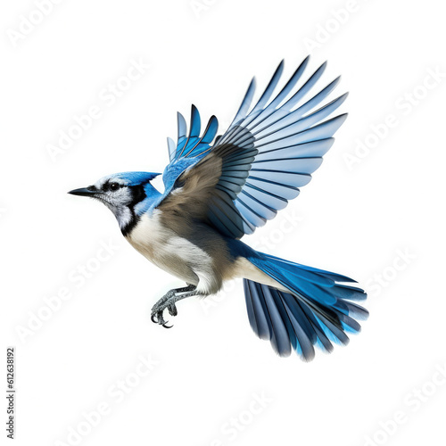 Blue Jay (Cyanocitta cristata) in mid-flight, wings spread wide © blueringmedia