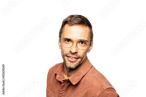 Man with glasses in a red velvet shirt photo