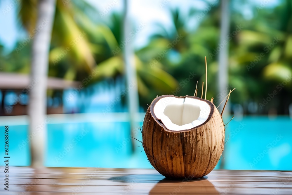 Young coconuts on a table, with a cool beach in the background. Generative AI Young coconuts on a table, with a cool beach in the background. Generative AI