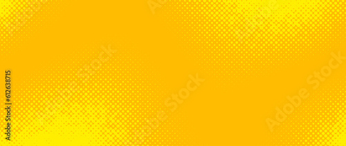 Yellow halftone background. Retro comic grain texture. Pixelated dots cartoon wallpaper. Pop art faded gradient pattern. Vector backdrop.