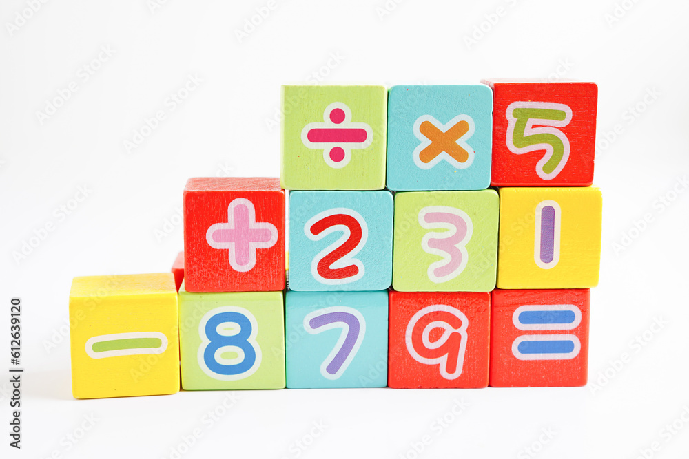 Number wood block cubes for learning Mathematic, education math concept.