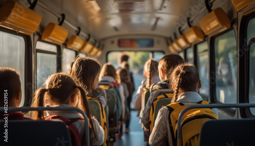 Rear view of a group of kids sitting in the bus and looking at the window, back to school, generative ai