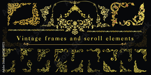 Borders vector design, Golden Corner. Set of corners and borders, Ornament elements vintage