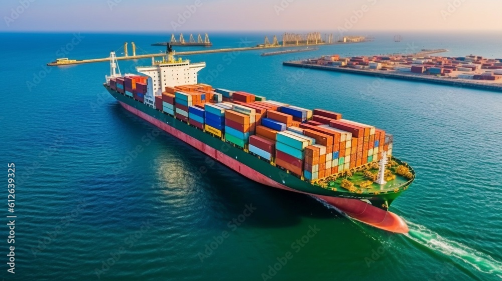 Aerial side view of a cargo ship transporting containers and exporting products from a cargo yard port to a customs facility for customs clearance. Service for freight forwarding. GENERATE AI