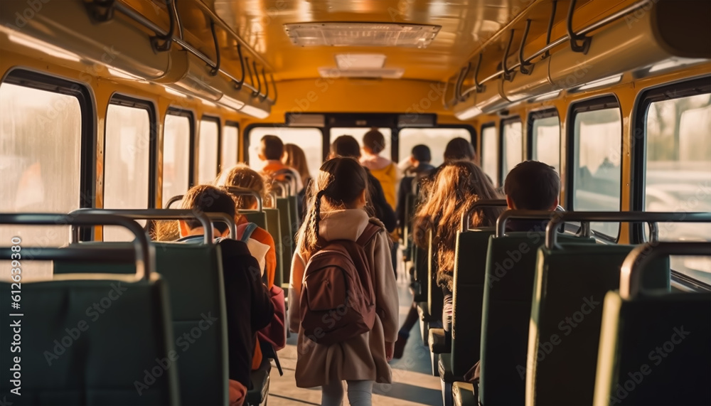 Fototapeta premium Rear view of a group of kids sitting in the bus and looking at the window, back to school, generative ai