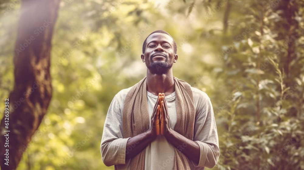 African guy offering thanksgiving while surrounded by greenery. GENERATE AI African guy offering thanksgiving while surrounded by greenery. GENERATE AI