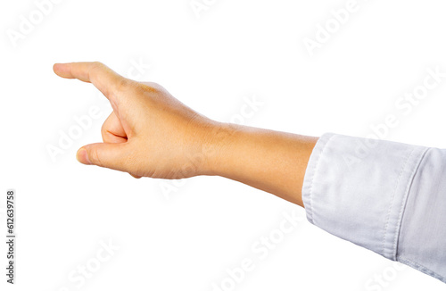 Close up Female hand pointing finger for screen of smartphone and tablet on white background Isolate on white with clipping path.