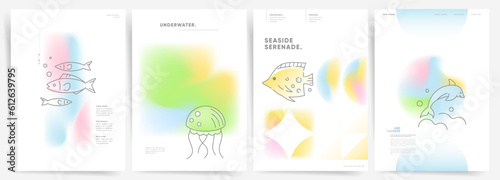 Ocean Life in Abstract Gradient Posters: Marine Fish, Dolphin, and Jellyfish Illustrated in Vibrant Gradient Colors for Summer Vacation Posters, Banners, Books, and Event Promotion.