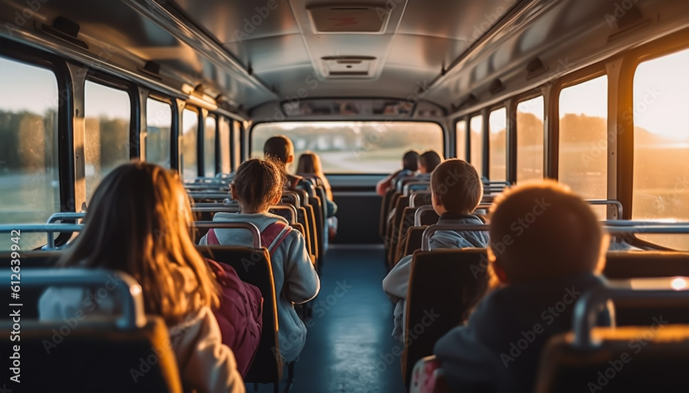 Rear view of a group of kids sitting in the bus and looking at the window, back to school, generative ai