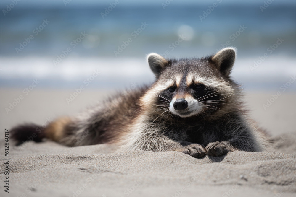 a raccoon sunbathing on the beach - obrazy, fototapety, plakaty 