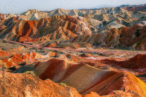 Fantastic View of Rainbow Mountains Geological Park. Stripy Zhangye Danxia Landform Geological Park in Gansu Province, China. Valley on a Sunny Day.