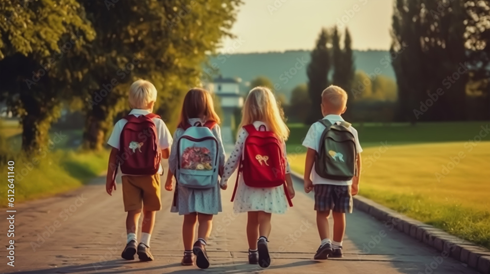 Back to school concept. School kids with backpacks going to school, Generative AI Back to school concept. School kids with backpacks going to school, Generative AI