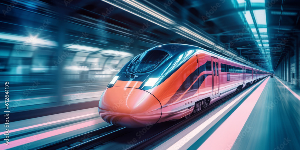 High speed train in motion blur with motion blur. Generative AI High speed train in motion blur with motion blur. Generative AI