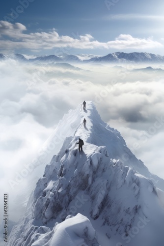 Climbers on the top of the mountain with fog in the background, Generative AI