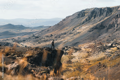 Hiker Man on cliff enjoying stunning view of nordic landscape
