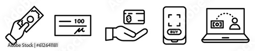 Conjunto de iconos de tipos de pago. Pago en efectivo, cheque, tarjeta de crédito, dispositivo, código, transferencia electrónica. Ilustración vectorial