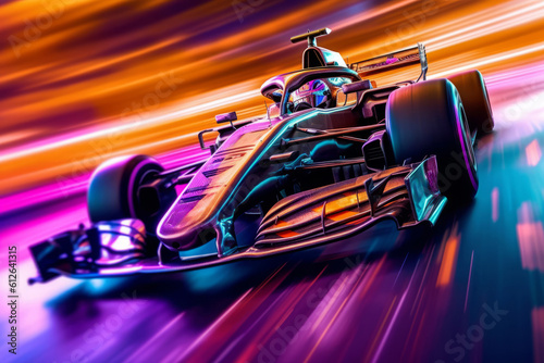 Generative AI of a formula race car with motion blur background.