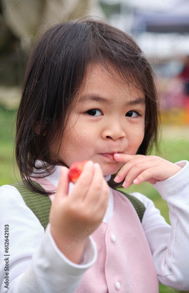 Close up cute asian girl eating fresh picked strawberry intoxicated Close up cute asian girl eating fresh picked strawberry intoxicated