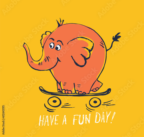 Elephant on skateboard funny cool summer t-shirt print design. Skater in skatepark. Slogan. Skate safari animal