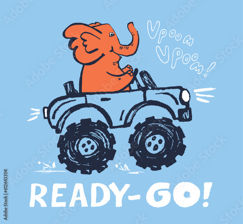 Elephant monster, truck funny cool summer t-shirt print design. Racing car. Speed sport buggy big foot