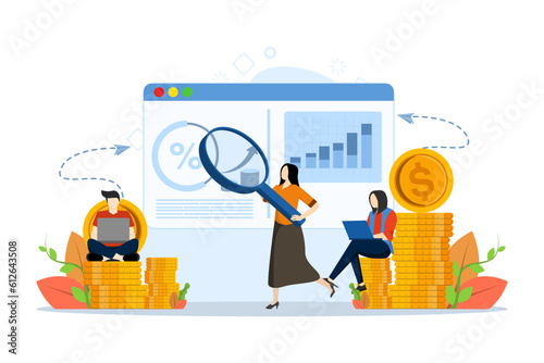 business investment concept, Showing People Saving Money To Invest In Better Future, financial management, allocating money for investment. analyze business chart data. vector illustration.