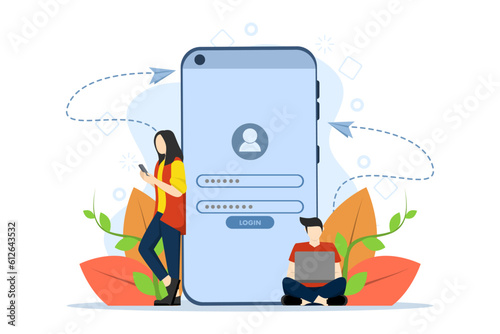 Browse online listings. Registration or register user interface. Users use secure logins and passwords. Online registration collection, sign. flat vector illustration on white background.