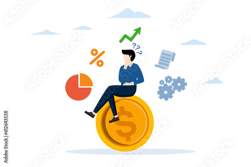 Money question, where to invest, pay off debt or invest for profit, concept of financial choice or alternative for making a decision. businessman sitting on coin and thinking about investment.