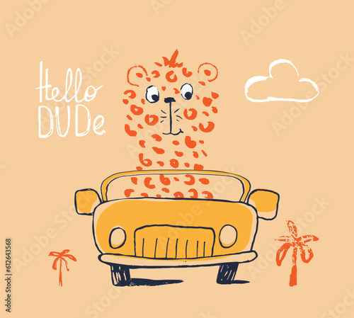 Cheetah on car funny cool summer t-shirt print design. Road trip on cabriolet automobile. Slogan. Leopard drive safari