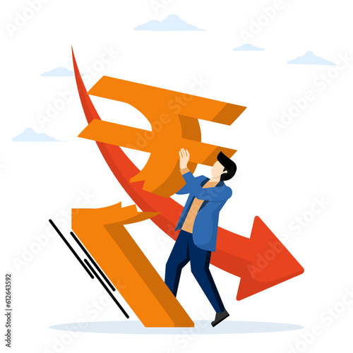 Indian Financial Crisis. rupiah currency crisis. Monetary policy crisis. Indian economic depression. A businessman tries to prop up a falling rupee symbol. vector illustration on a white background.
