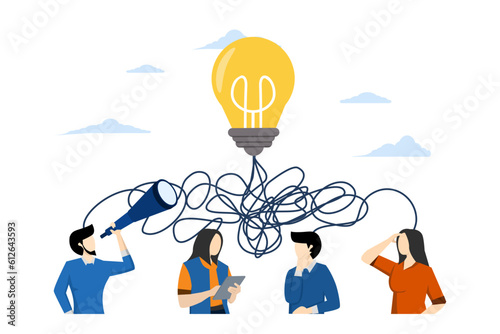 tangled tangle, brainstorming, beginning and end of thought, abstract metaphor, business problem solving concept, finding complex solution. complex problem solving. Flat vector illustration.
