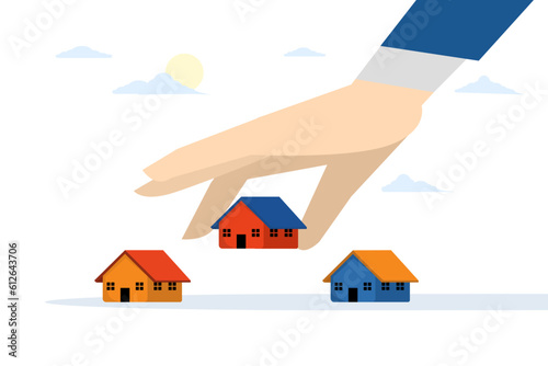 Choosing a new home based on budget, income or lifestyle concept. Choosing a new home based on budget, income or lifestyle concept. Home affordability calculation. Vector illustration.