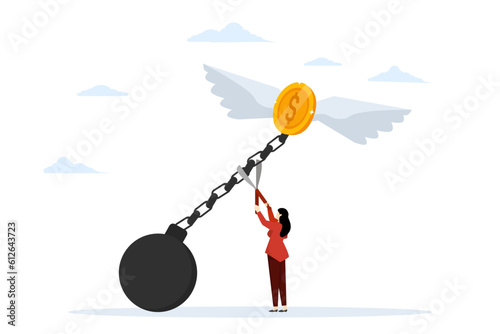 Financial freedom or independence. Pay off debts. solve financial problems. Businessman cutting the chain releasing fried money coins into the sky. vector illustration on a white background.