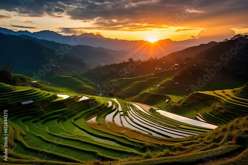 Landmark tourist attraction view, Mu Cang Chai, rice terraces, landscape near Sapa, North Vietnam