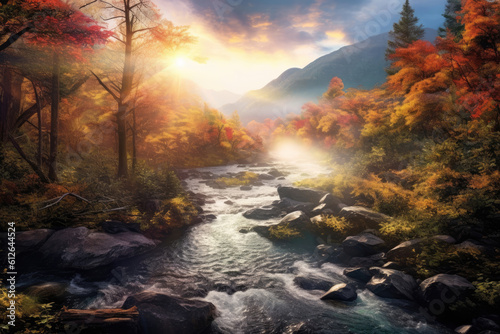 Beautiful scenery of shining sunlight at early morning at the river flowing through the autumn forest, Generative AI © Aleksandr Bryliaev