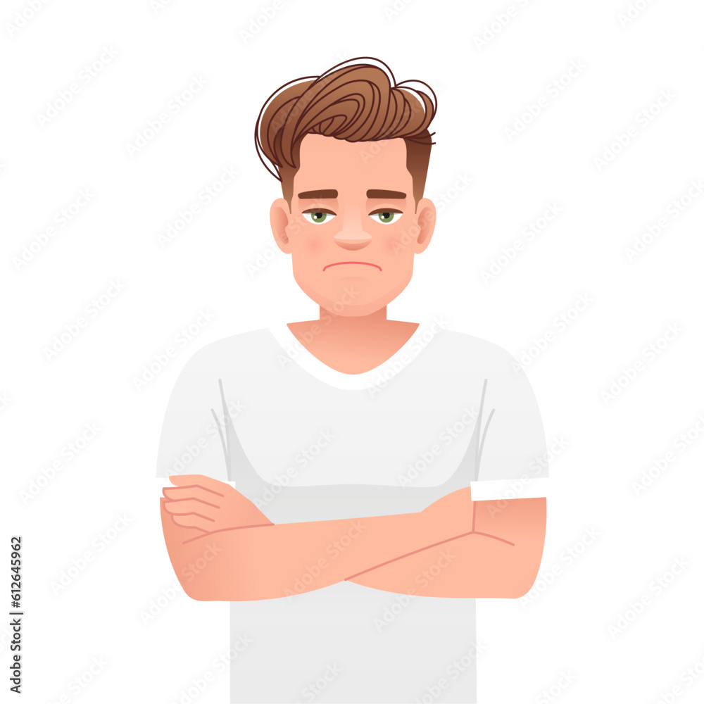 A disgruntled white man in a white T-shirt stands with his arms crossed. The sad guy is disappointed in something. A disgruntled white man in a white T-shirt stands with his arms crossed. The sad guy is disappointed in something.