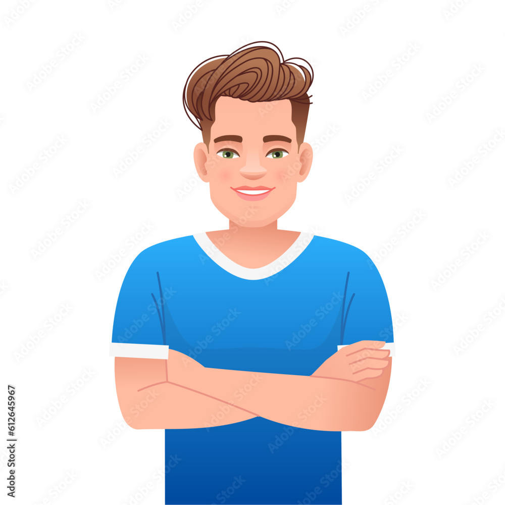 A smiling, handsome guy stands with his arms crossed. A happy confident white man in a blue T-shirt. A smiling, handsome guy stands with his arms crossed. A happy confident white man in a blue T-shirt.