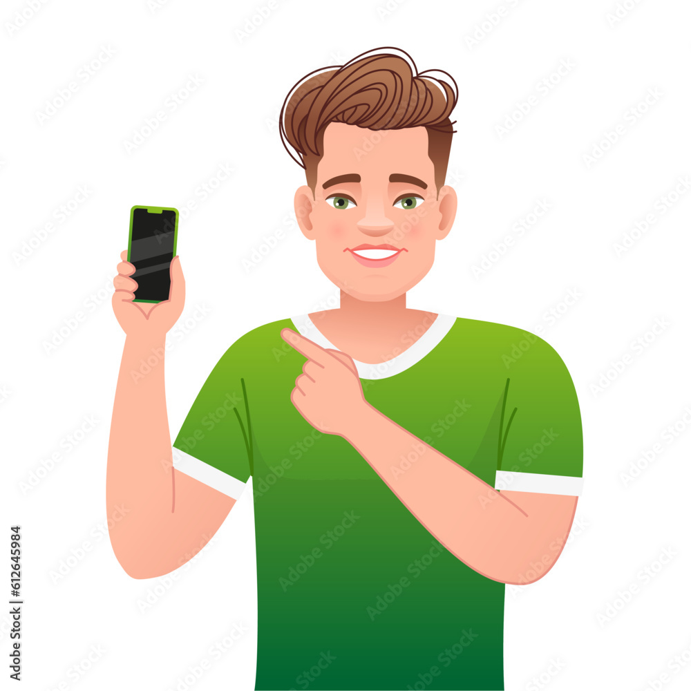 Smiling guy points to the phone in his hand. A happy confident white man advertises an app on a smartphone. Smiling guy points to the phone in his hand. A happy confident white man advertises an app on a smartphone.